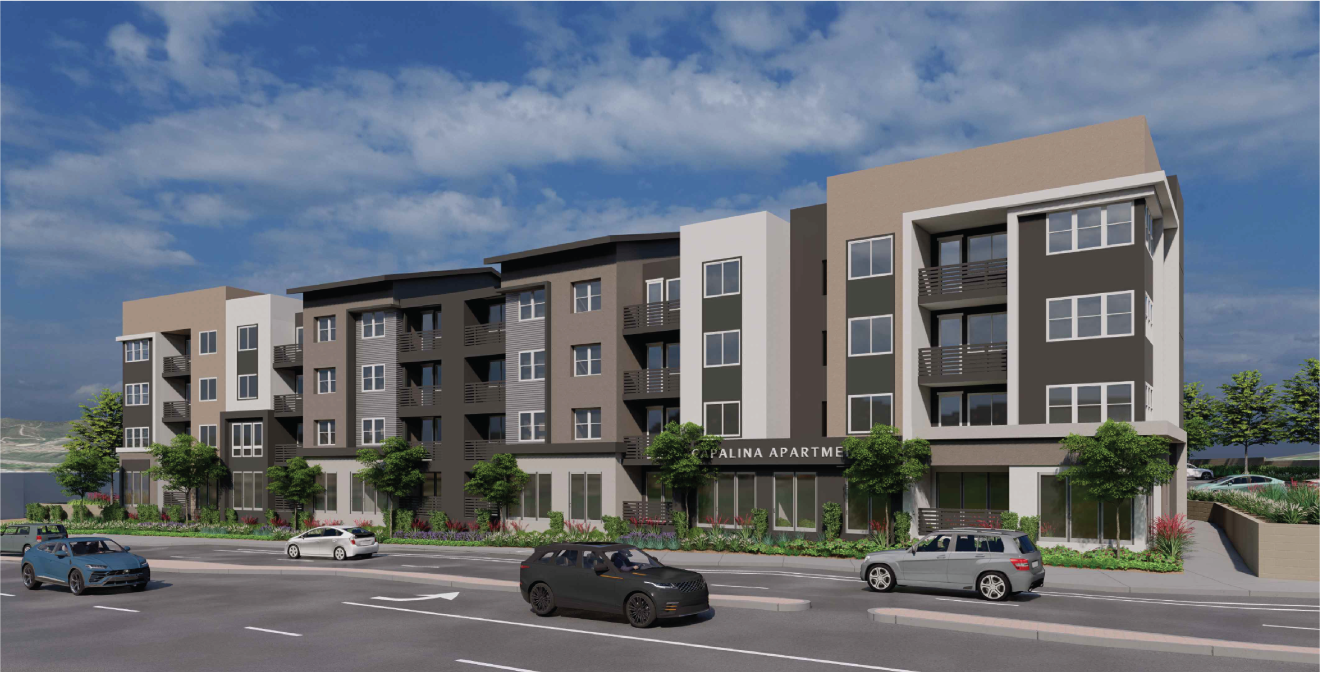 A modern multi-story apartment building with a sign reading 'Palina Apartments' in front, cars parked along the street, and landscaped greenery including trees and bushes.