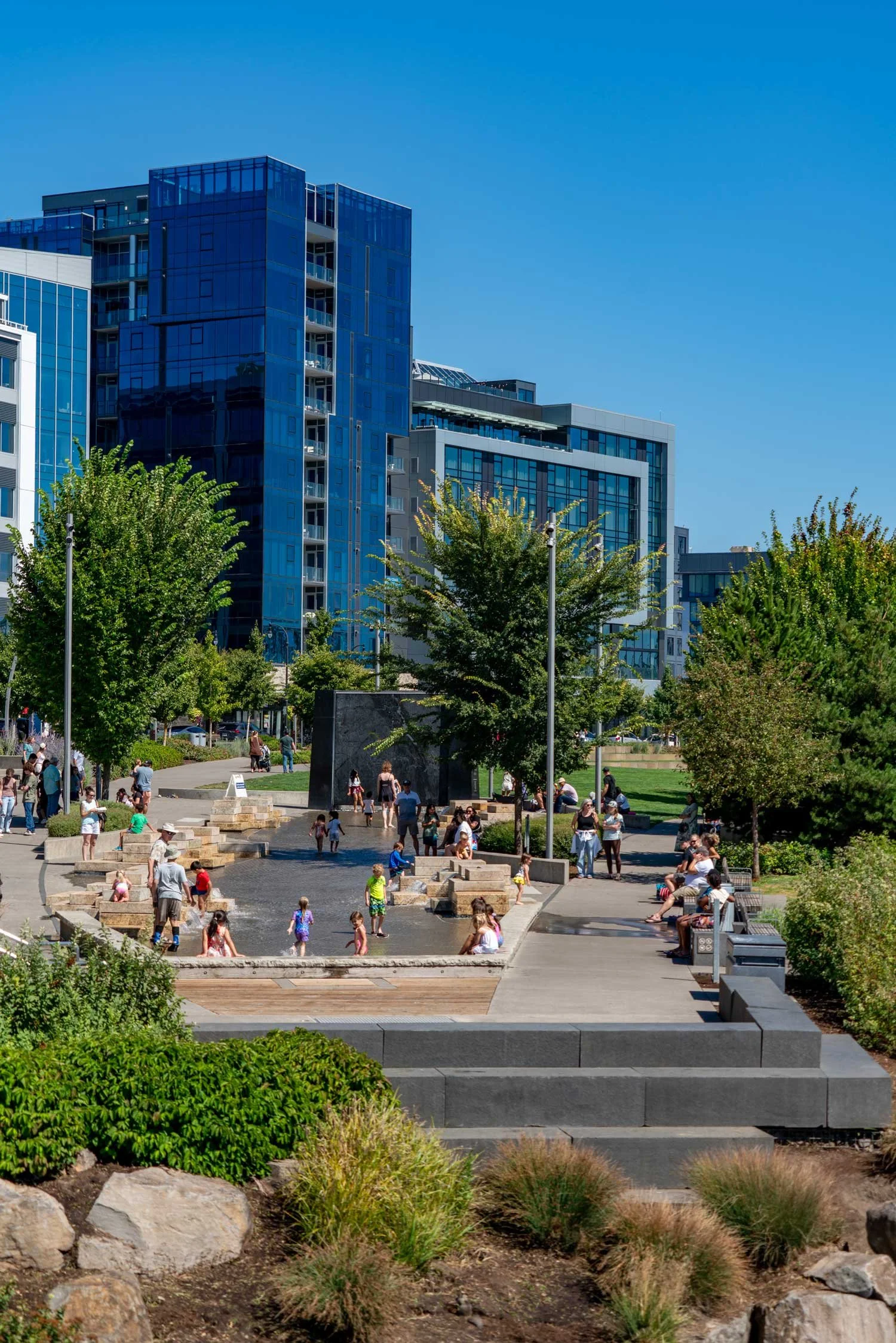 A city park with a water feature and people enjoying the sunny day. Modern glass buildings with blue and white accents tower in the background, and lush green trees and shrubs surround the area.