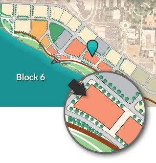 Map showing Block 6 near a body of water, with a focused zoom on a specific building and surrounding pathways and green areas.