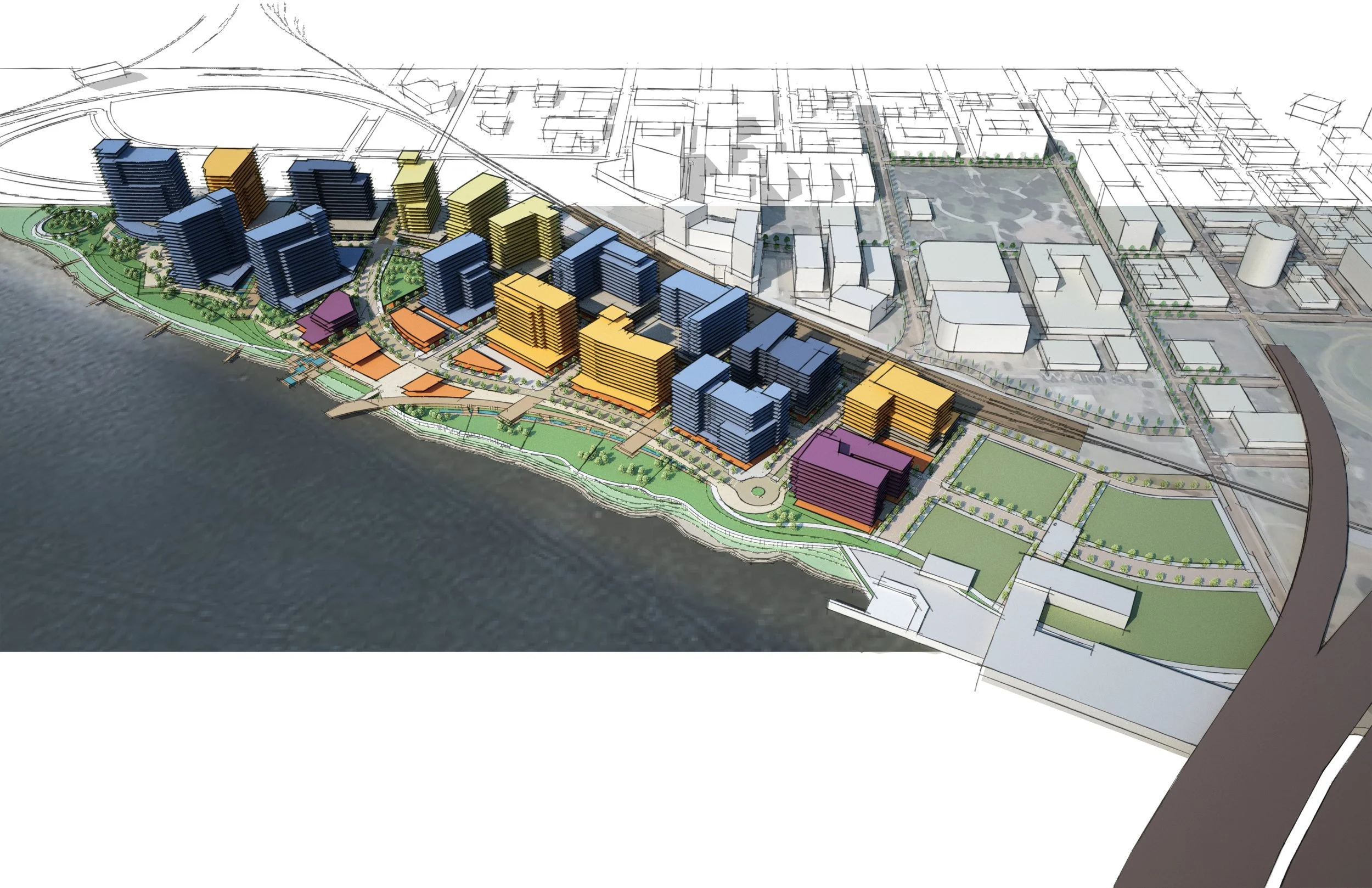 A 3D architectural rendering of a waterfront urban development project with high-rise buildings, green spaces, pedestrian pathways, and recreational areas.
