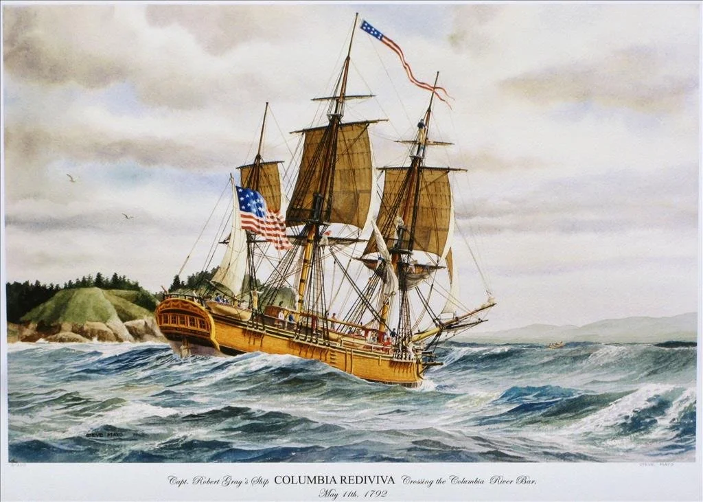 Painting of a historic sailing ship named Columbia Rediviva navigating rough sea waters near a coast with a green hillside.