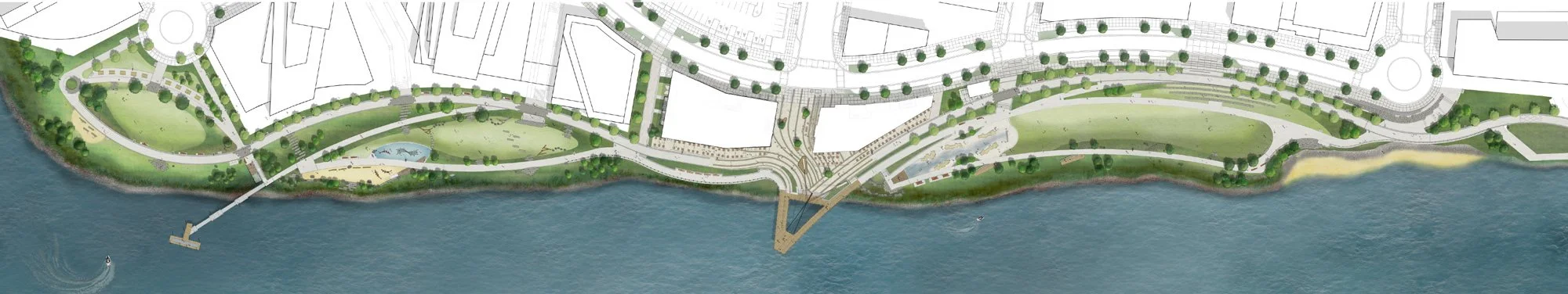 An architectural plan for a waterfront park, showing pathways, green spaces, trees, a small pond, and a pier extending into the water.