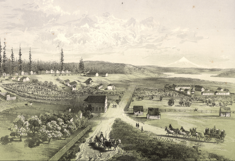 A historical illustration of a rural town with farms, houses, and a few people and horse-drawn carriages, with a mountain in the distance.
