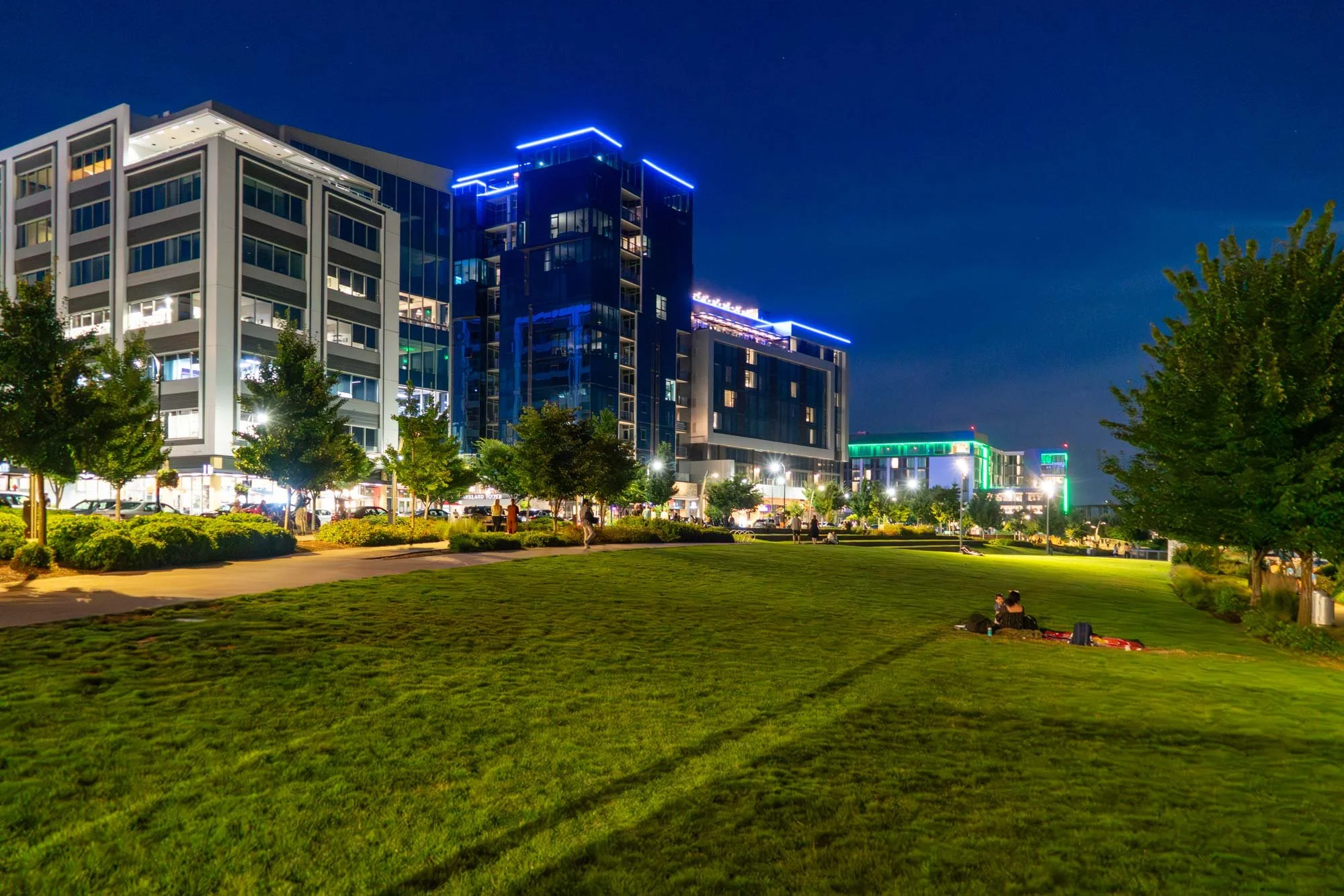 Nighttime cityscape with modern glass buildings illuminated with blue and green neon lights. A park with green grass and trees in the foreground, and people sitting on the grass.