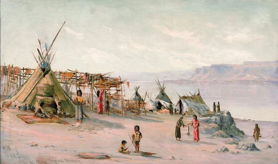 Historical painting of Native American encampment by a river, featuring tipis, people, and a rocky shoreline in the background.