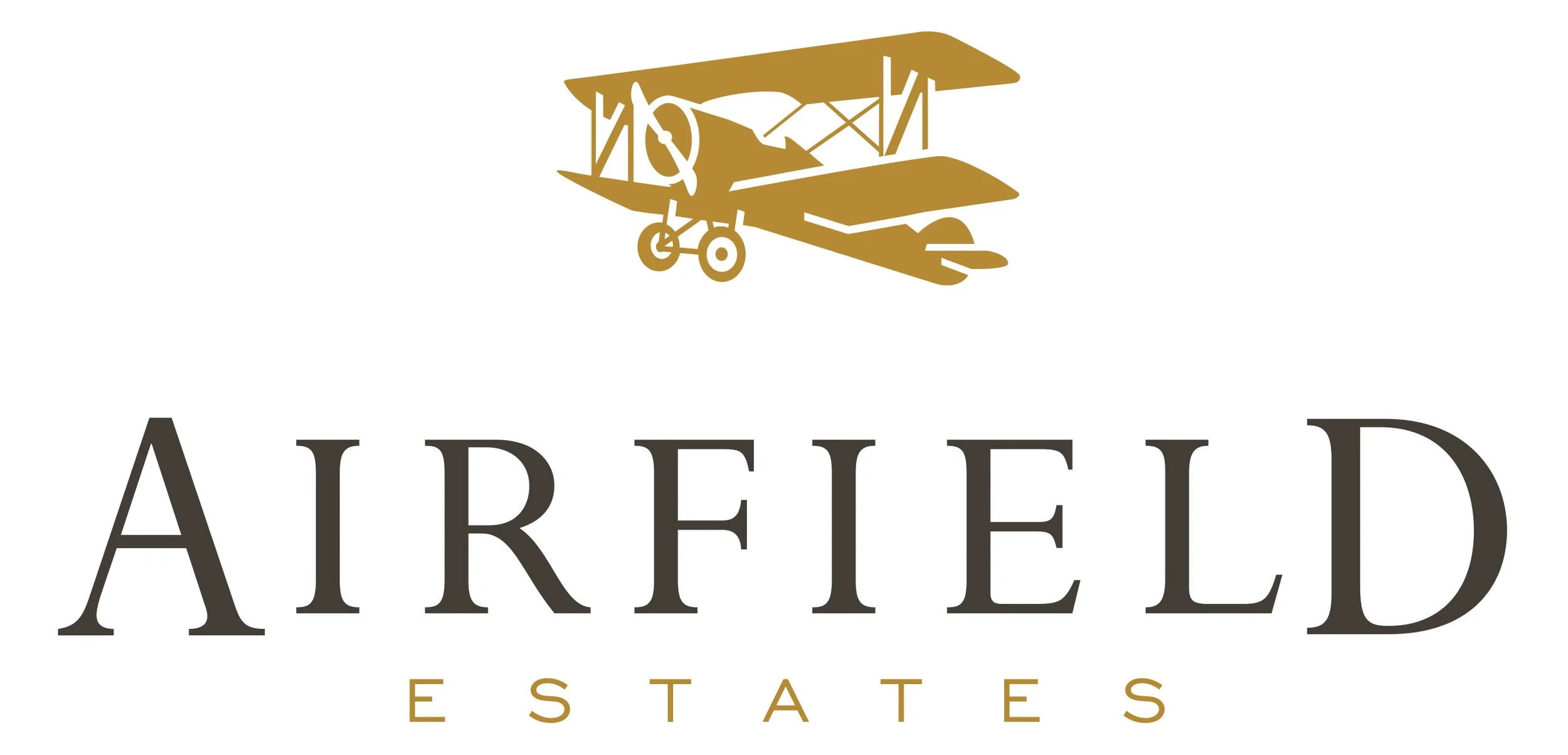 A logo with a gold and black color scheme featuring a vintage biplane above the text 'ARLED ESTATES' with a white background.