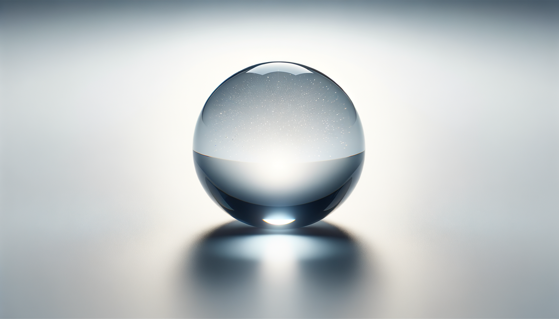 A clear glass sphere reflecting a starry sky, with light illuminating from the bottom, casting a shadow on a smooth surface.
