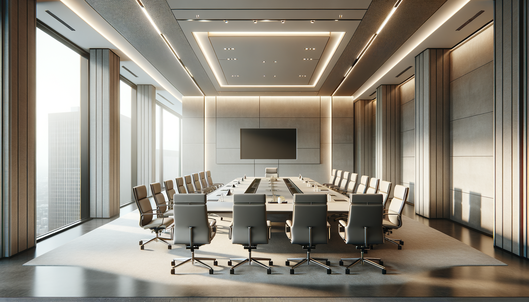 Modern, spacious conference room with a large table surrounded by beige office chairs, a wall-mounted flat-screen TV, and floor-to-ceiling windows with city views.