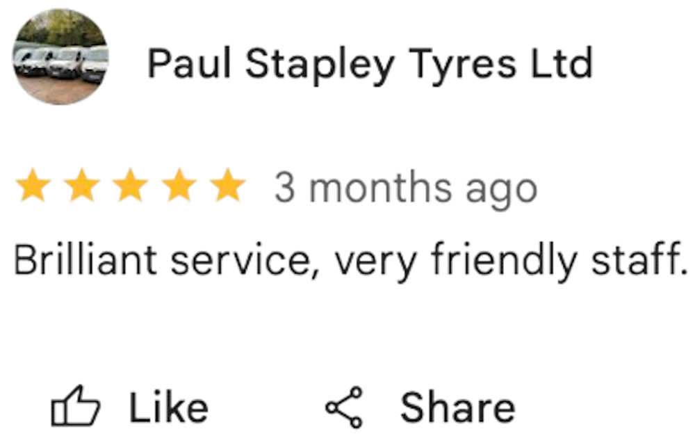 Review for Paul Stapley Tyres Ltd with a 5-star rating and a comment about excellent service and friendly staff.