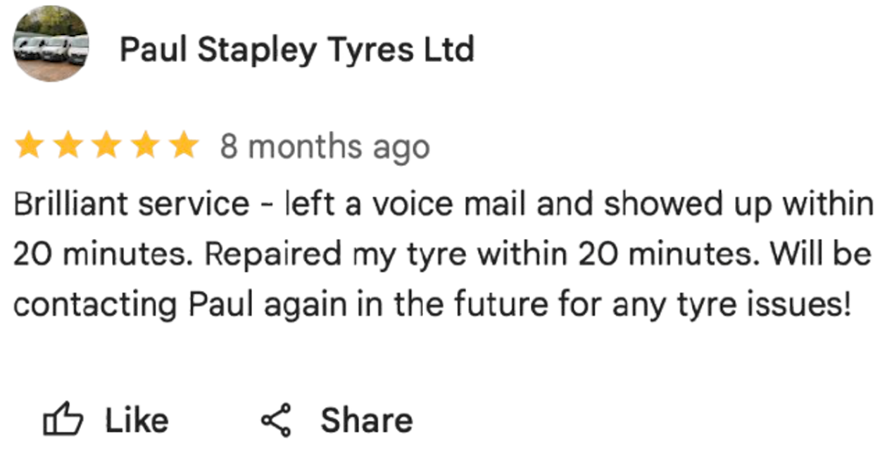 Screenshot of a Google review for Paul Stapley Tyres Ltd with 5-star rating and positive comments about the service.