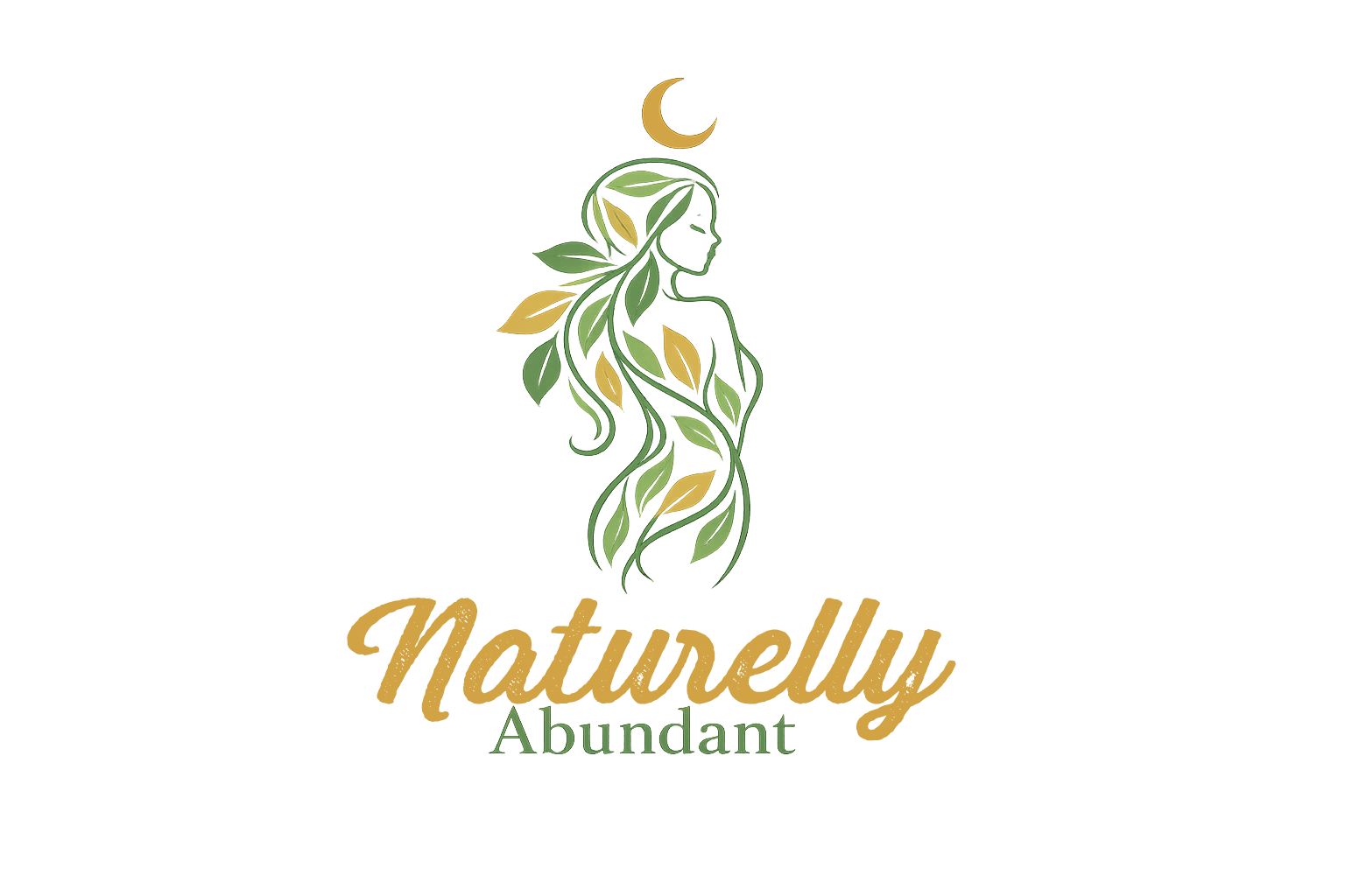 A logo featuring a stylized woman with leafy hair, a crescent moon above her head, and the word 'Abundant' underneath.