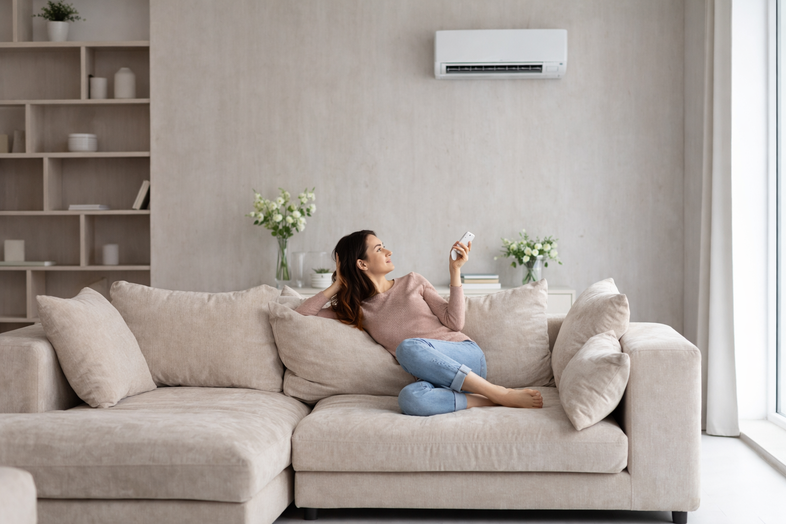 Femme relaxant sur un canapé beige avec un téléphone dans le salon lumineux.