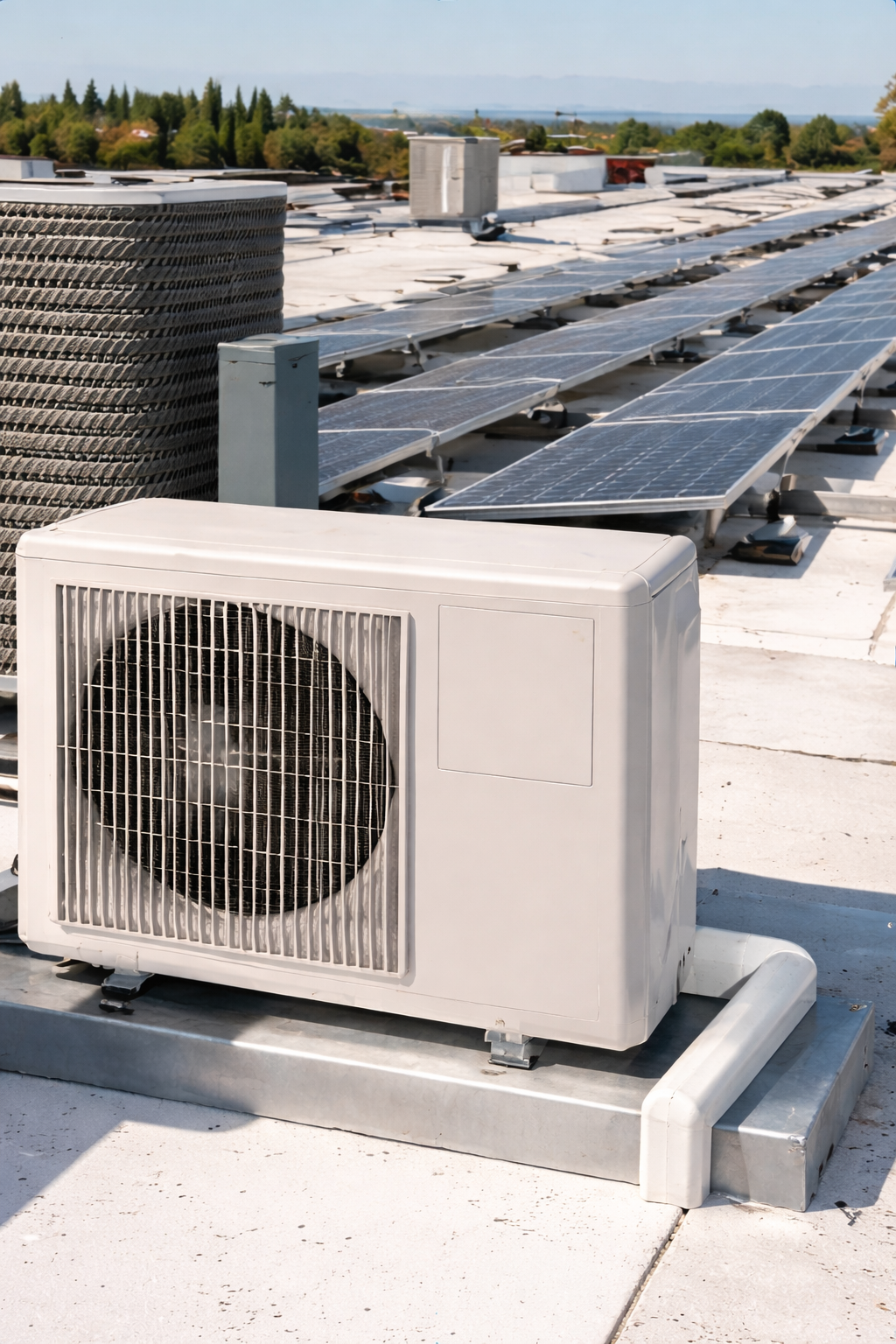 Panneaux solaires et unité de climatisation sur un toit