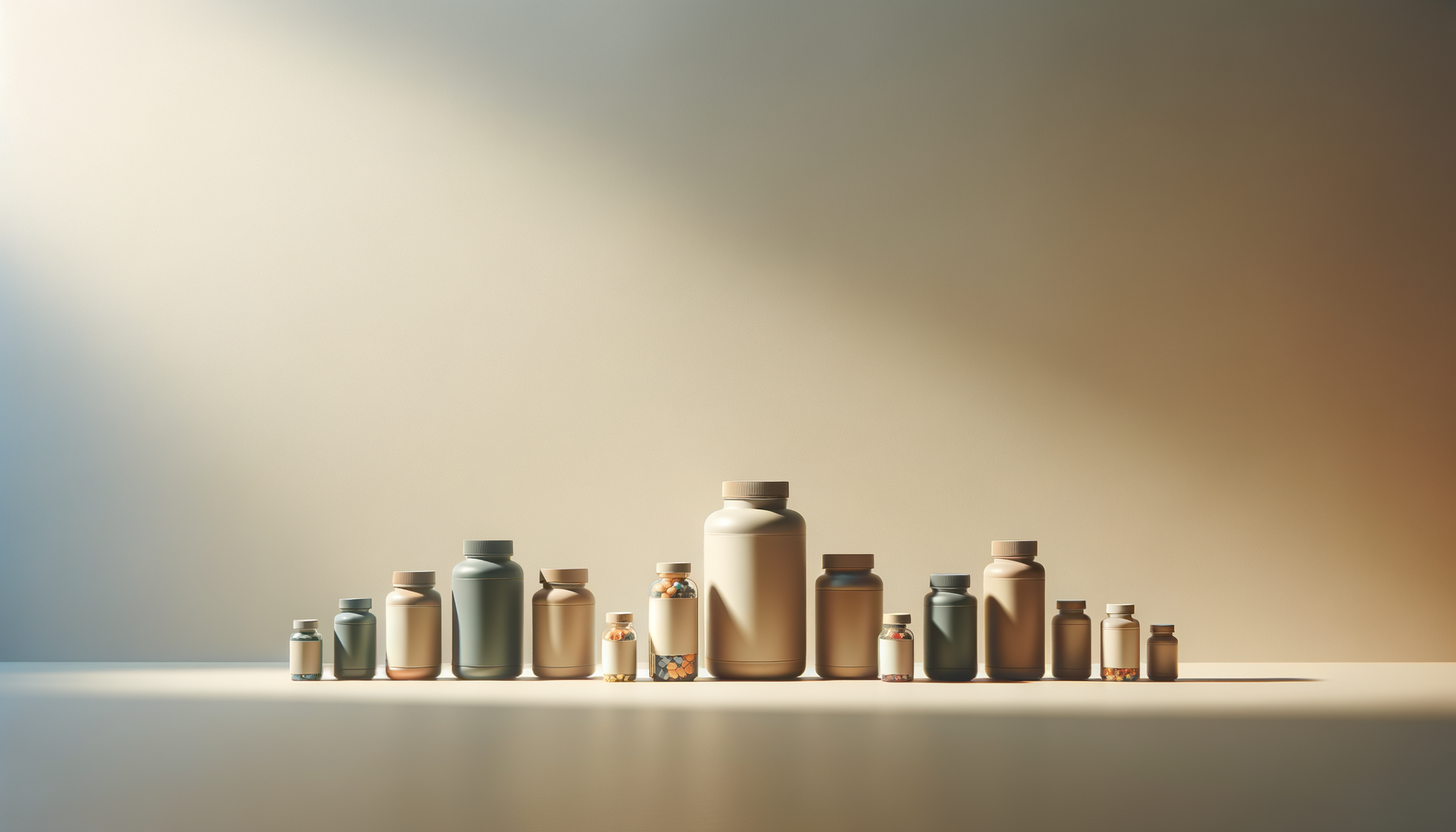 Row of various vitamin bottles and pill jars on a shelf with a sunray background.