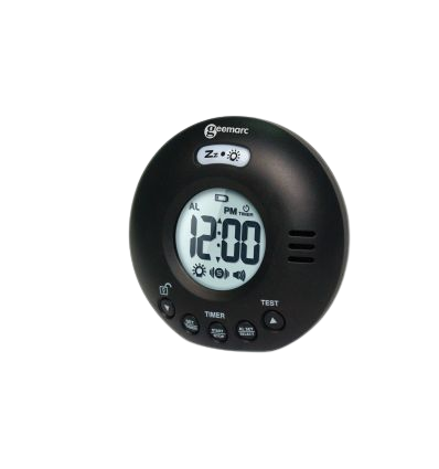 Réveil numérique rond avec affichage de l'heure 12h00, boutons de contrôle et écran LCD.