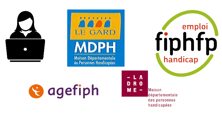 Logos de plusieurs institutions françaises, notamment Le Gard, MDPH, Emploi, FIPHFP, Agefiph, La Drone, représentant des organismes pour l'emploi, l'accessibilité et le handicap.