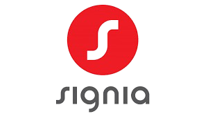Logo de Signia avec un cercle rouge et un symbole noir en forme de S, accompagnée du nom 'signia' en dessous.
