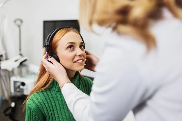 Une femme avec des cheveux roux portant un pull vert essaie un casque auditif dans un centre médical.