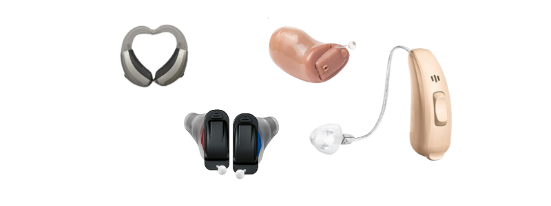 Diagramme montrant différents appareils auditifs et leurs composants, y compris un écouteur intra-auriculaire, un micro, un convertisseur, et une coque d'appareil auditif.