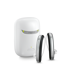 Appareil auditif blanc avec deux embouts et une boîte d'enceinte