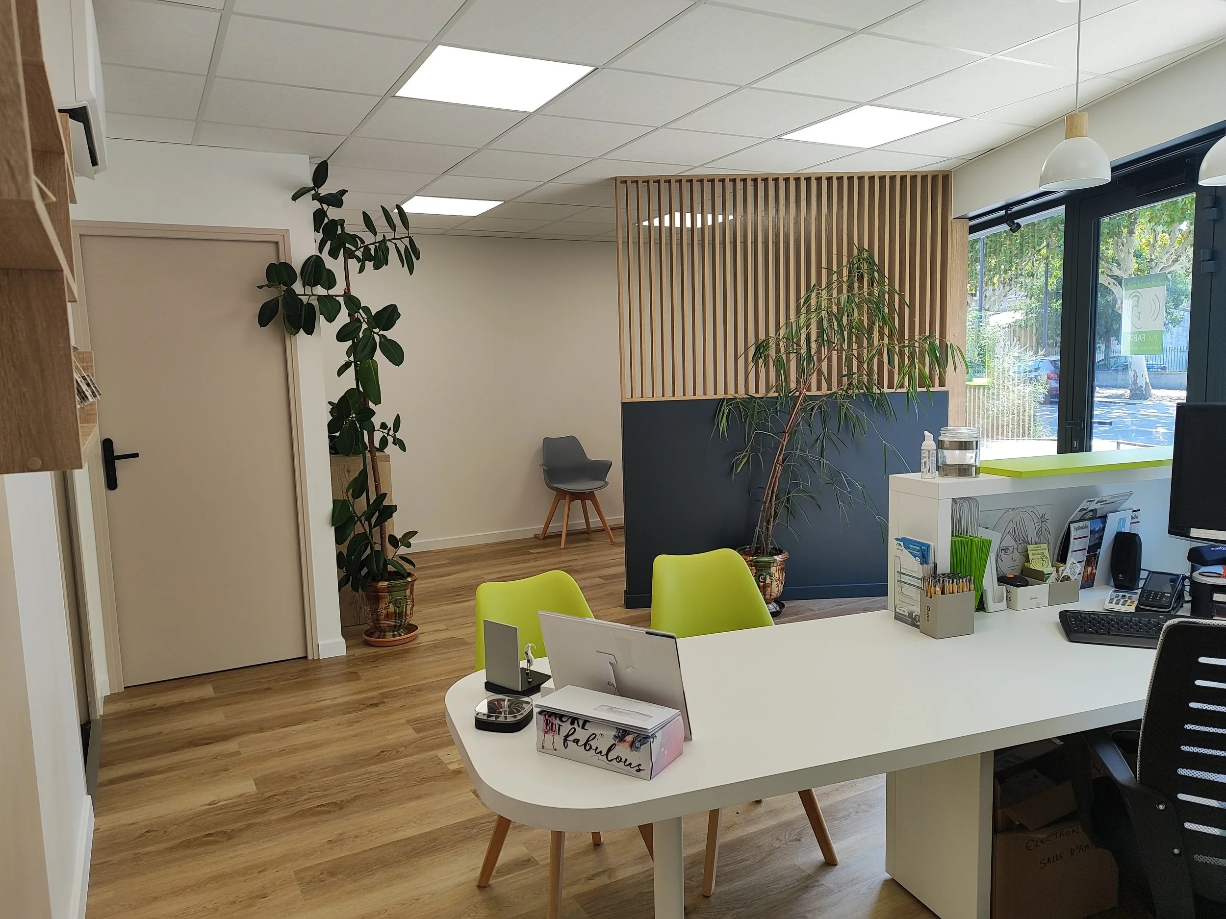 Bureau d'accueil avec un grand bureau blanc, deux chaises vertes, une plante verticale en pot, une plante d'intérieur et un espace pour l'accueil avec des documents, un téléphone et un ordinateur.