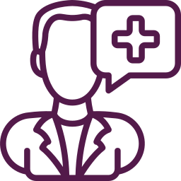 Icon of a person wearing a lab coat with a medical cross in a speech bubble.