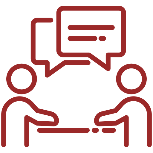 Icon of two people having a conversation with speech bubbles above their heads.