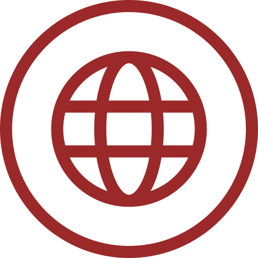 Icon of a globe with a circle around it, in dark red color.