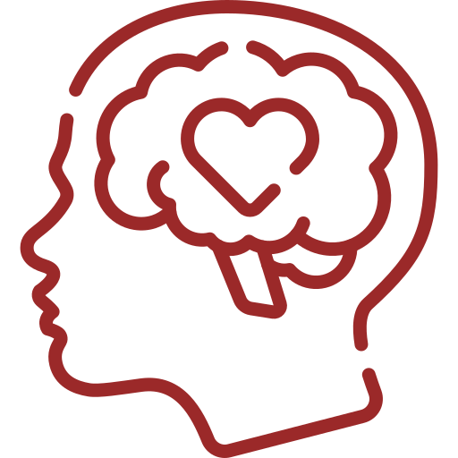 Outline of a human head with a brain inside, featuring a heart symbol in the center.