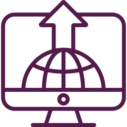 Icon of a computer monitor with a globe and an upward arrow, representing internet or data upload.