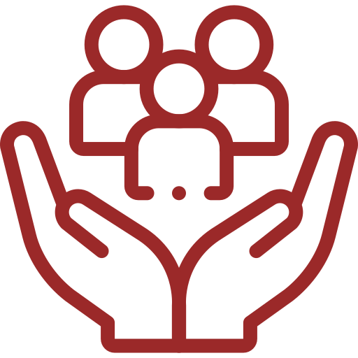 Outline icon of a pair of hands holding three people symbols, representing community or support.