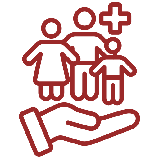 Outline of a hand holding a family of three (a woman, a man, and a child) with a plus sign above the family.