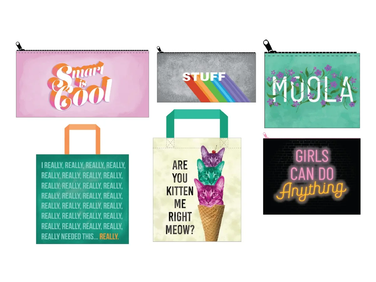Bag concepts with original illustrations and type design