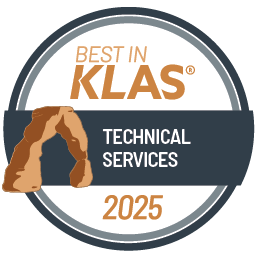circular badge with the text 'Best in KLAS 2025' and 'Technical Services,' with an image of an arch on the left side. Showcasing CSI's high achievement in technical services.