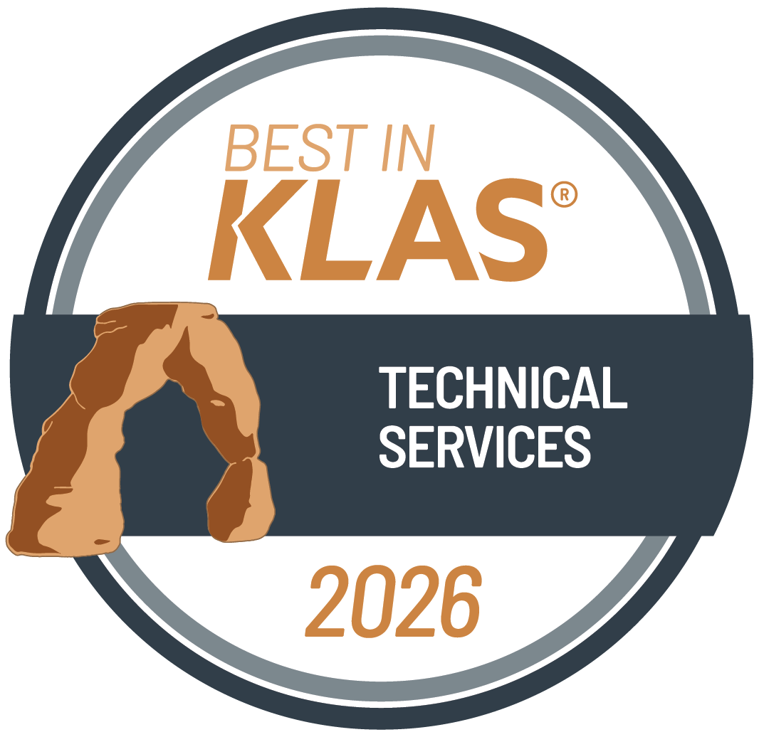 Circular badge with the text "Best in KLAS 2026" and "Technical Services". Features an illustration of an arch. Showcasing CSI's high achievements in technical services.