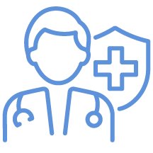 Outline of a healthcare professional with a stethoscope and a medical shield