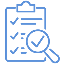 Clipboard with checkmarks and a magnifying glass over a large checkmark