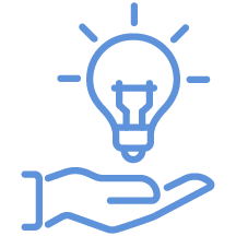 Outline of a hand holding a light bulb with a gear inside, symbolizing an idea or innovation.