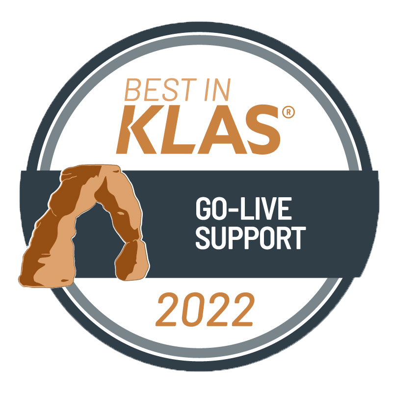 A circular badge with the text "Best in Klas 2022" and "Go-Live Support", featuring an illustration of a natural rock formation resembling a stone arch. Show casing CSI's Go-live support success.