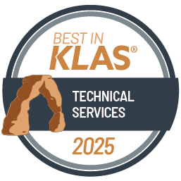 Circle Badge with text Best in KLAS 2025 in Technical Services featuring a rock formation graphic. Showcasing CSI's success in technical services.