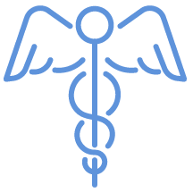 Line drawing of a caduceus with two wings and a staff with two intertwined snakes