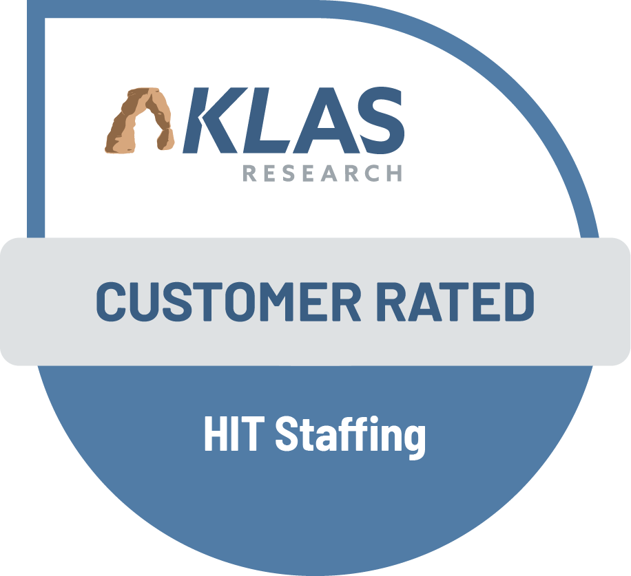 A circular badge with a blue and white color scheme. The top part of the badge features the logo for AKLAS RESEARCH with a stylized arch in brown. Below the logo, a gray banner displays the text "CUSTOMER RATED" in bold blue letters. The bottom section of the badge has the words "HIT Staffing" in white font.