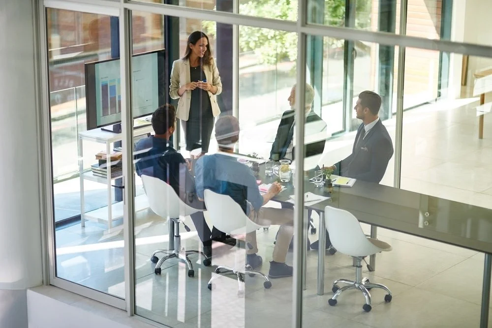 Business people having a meeting in a glass conference room, with a woman standing and talking to the seated group.