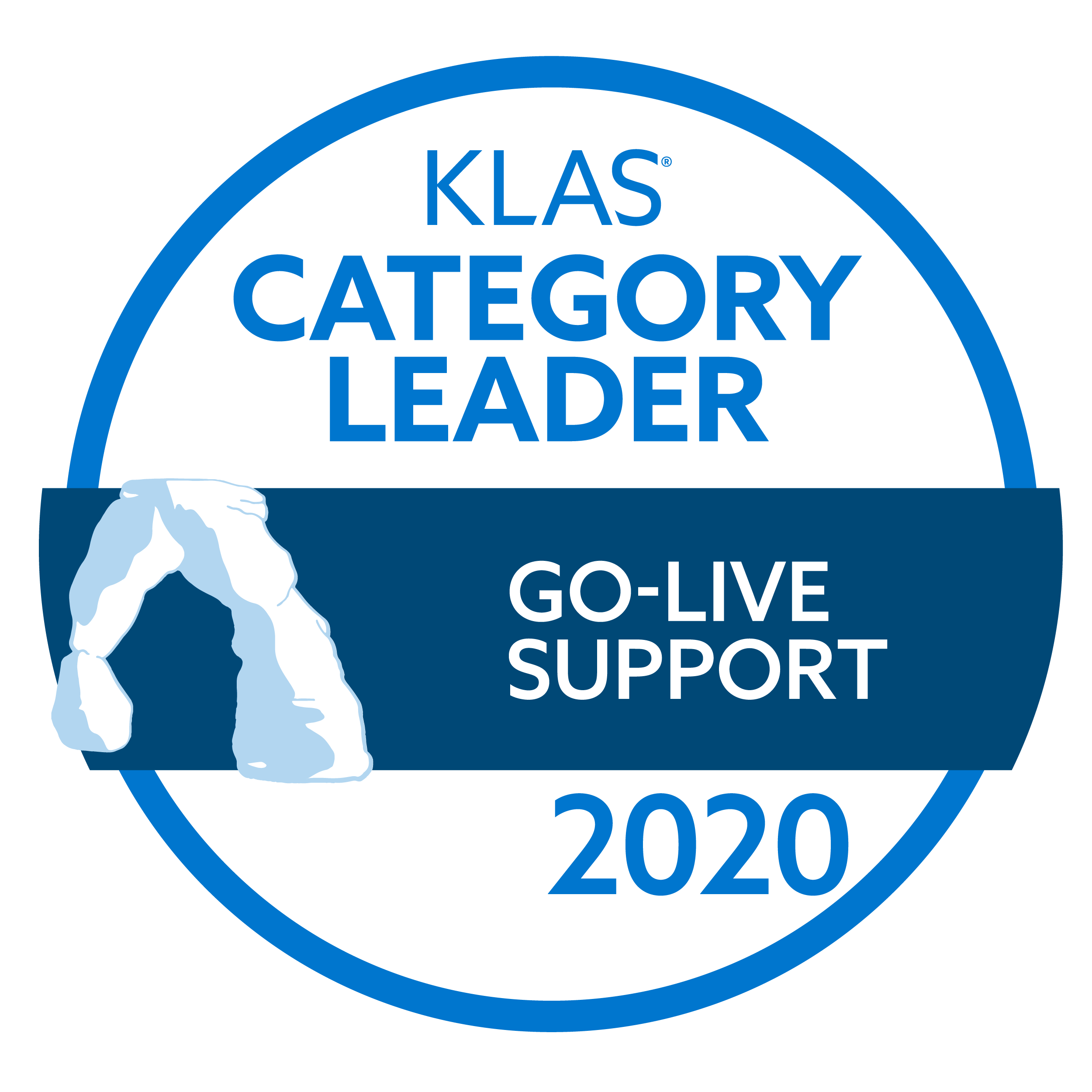 Circular badge with the text 'KLAS Category Leader 2020 Go-Live Support', with an image of an arch. Showcasing CSI's industry leadership in Go-Live support 