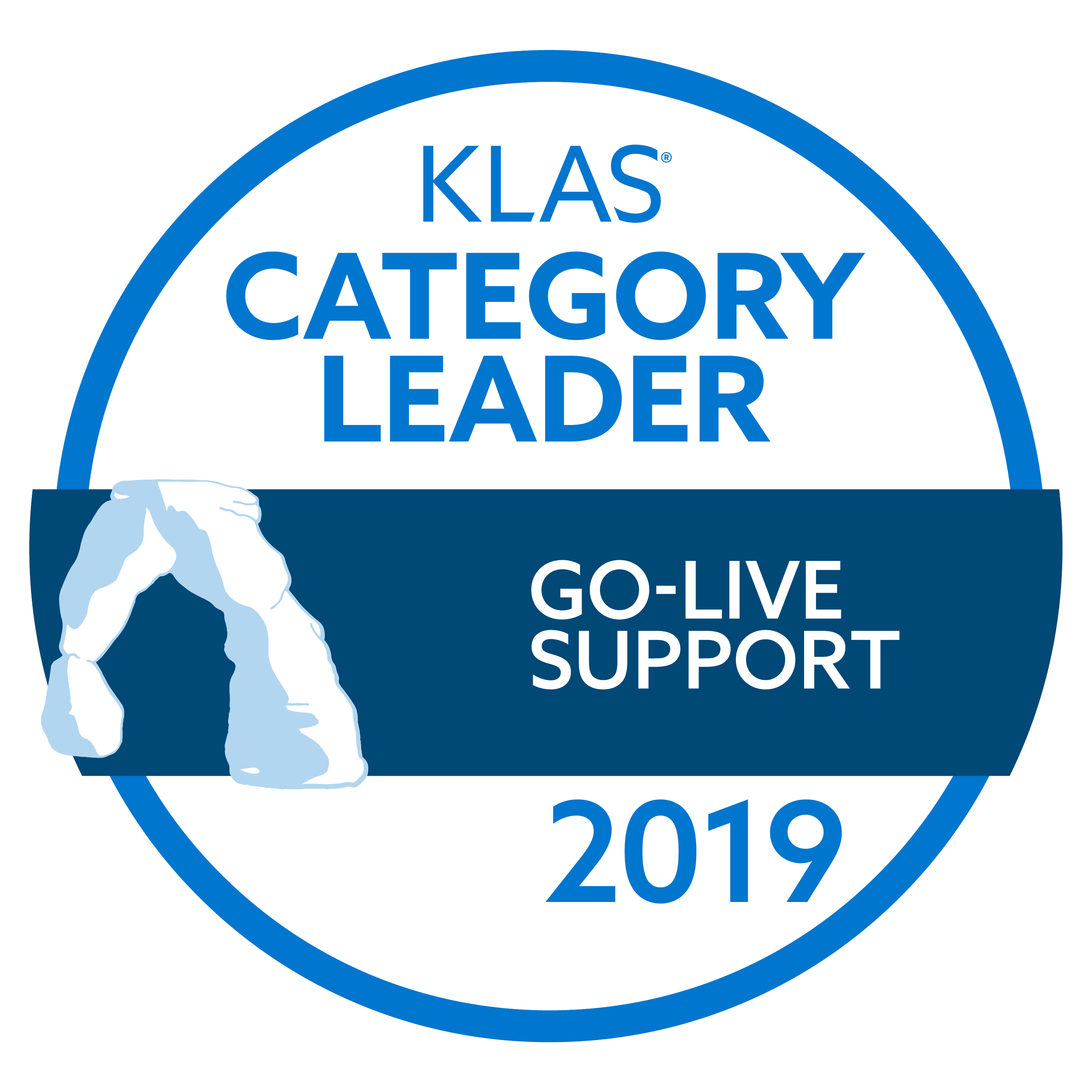 Circular badge with the text 'KLAS Category Leader 2020 Go-Live Support', with an image of an arch. Showcasing CSI's industry leadership in Go-Live support 