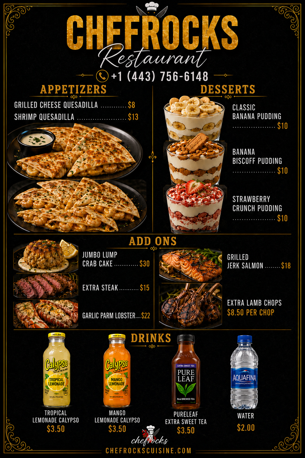 Menu for Cheirocks Restaurant with sections for appetizers, desserts, add-ons, and drinks. Includes images of cheesy quesadillas, various puddings, crab cake, grilled salmon, lamb chops, and drinks like lemonades, tea, and water.