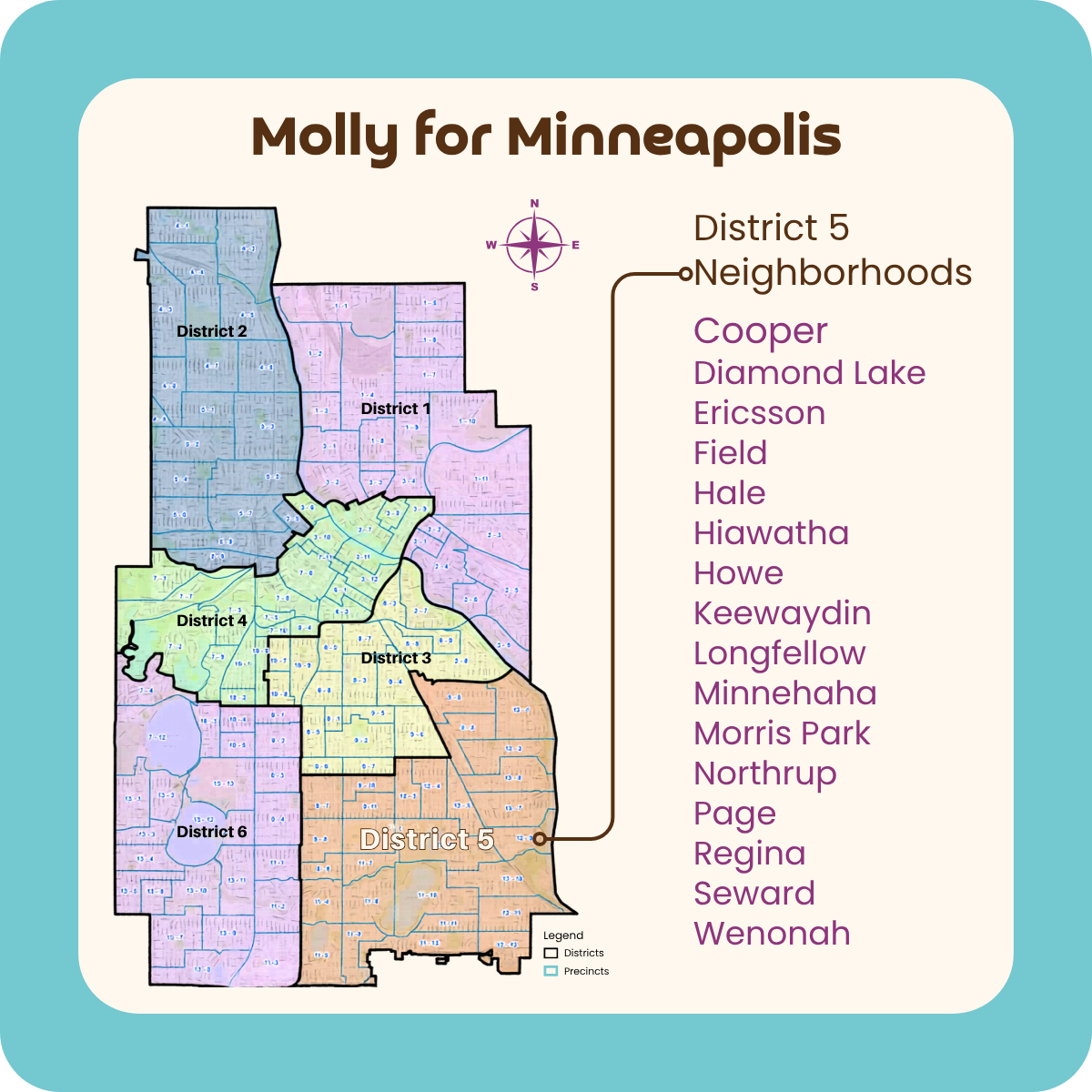 Map of Minneapolis divided into six districts, with neighborhoods listed in District 5 including Cooper, Diamond Lake, Ericsson, Field, Hale, Hiawatha, Howe, Keewaydin, Longfellow, Minnehaha, Morris Park, Northrup, Page, Regina, Seward, and Wenonah.