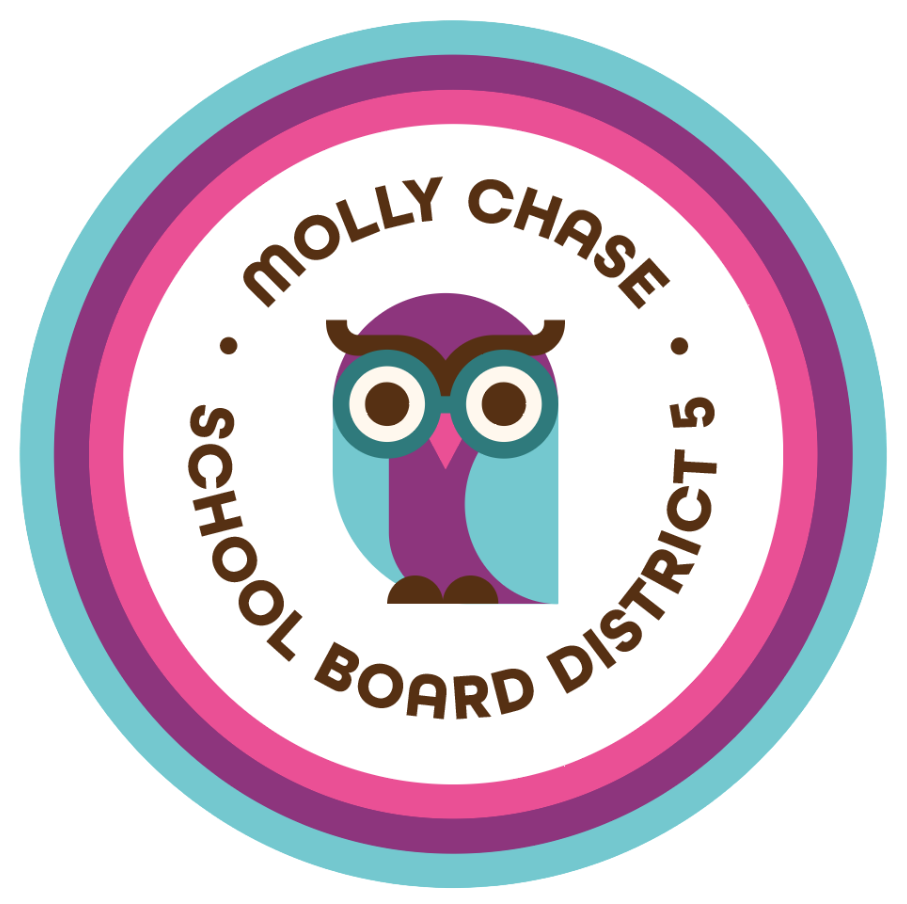 Circular logo featuring an owl wearing glasses, with a pink, purple, and turquoise color scheme. It reads Molly Chase School Board District 5.