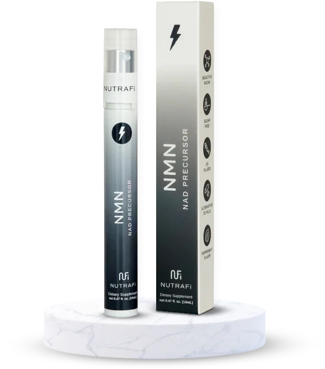 A dietary supplement product called NutraFi NAD Precursor in a white cylindrical container beside its packaging box, displayed on a white marble surface.