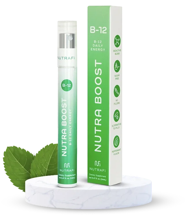 A green and white box and tube labeled Nutra Boost B-12 daily energy supplement, along with three green tea bags on a white marble surface.